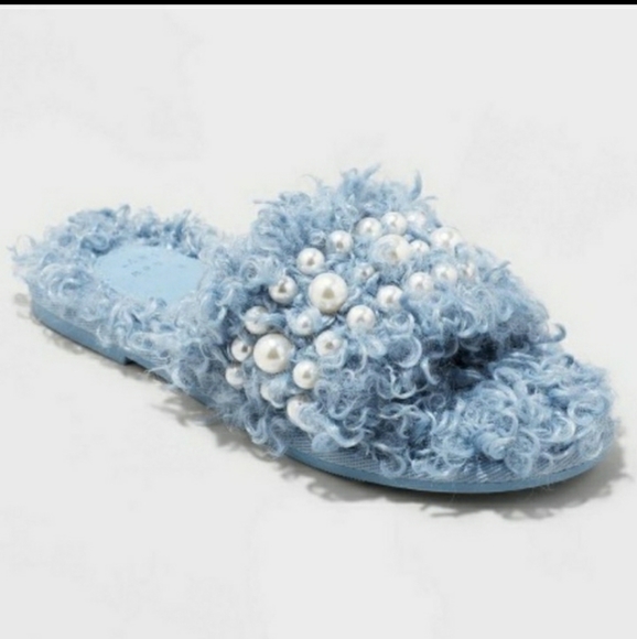 a new day Shoes - Brand New Women's Adrienne Slip On Embellished Pearl Slide Slippers Blue